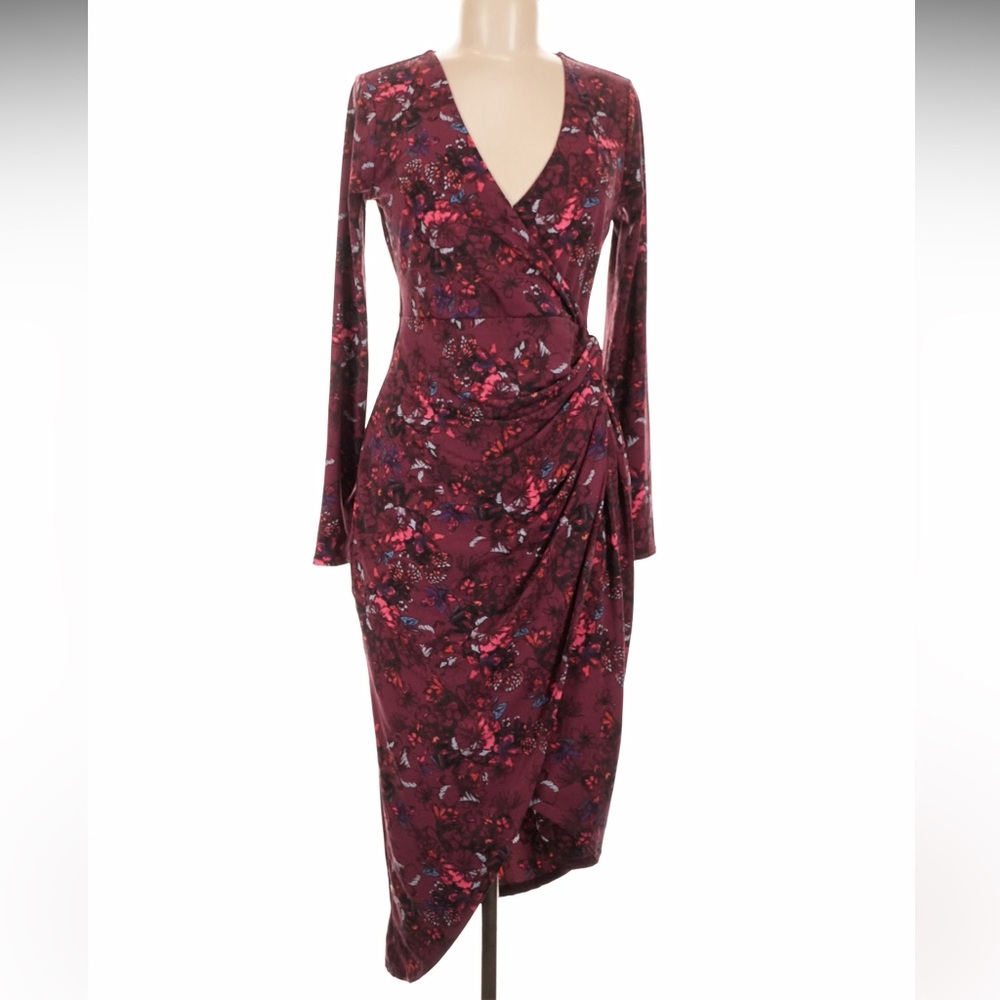 GUESS Maroon Floral Long Sleeve Wrap-Style Dress